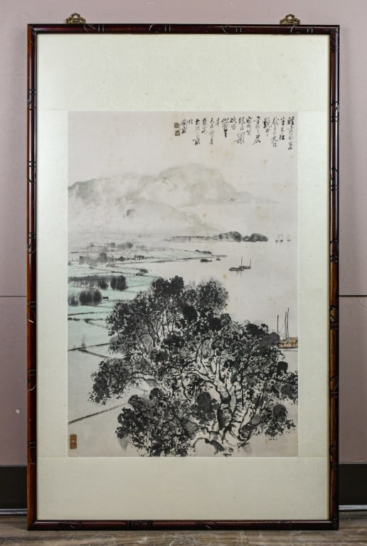 Huang Chunyao (1925-2007) Landscape Framed: Ink and colour on paper, framed, depicted a landscape scene, with the author's inscription, signature, and seal marks. Painting: 45x67.3cm; Frame: 61.1x99cm. 黃純堯 (1925-2007) ì
