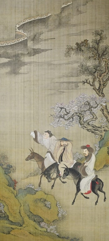 After Zhao ZiAng (1254-1322) Figural Painting: Ink and colour on silk, depicted three elders riding on donkeys within a landscape scene, with the artist's signature and seal mark. 42x90.8cm 趙子昂 (1254-1322)款