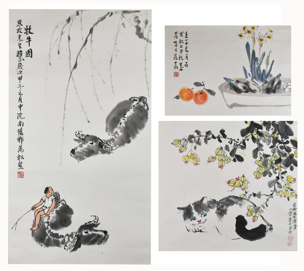 3 Paintings Dedicated to You SiMu (1925-): Comprising 3 paintings inscribed & dedicated to You SiMu (1925-), each ink and colour on paper from various artists, each with artists? signatures and seal marks. The largest one size: 