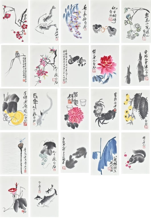 Qi BaiShi (1864-1957) 22Pgs Woodblock Print Album: A 22 pages woodblock printing depicted flowers, fruits, animals, and vegetables, ink, and color on paper. Accompanied by a box. Album: 21.8x31.5x3cm 齊白石 (1864-1957) 木୭
