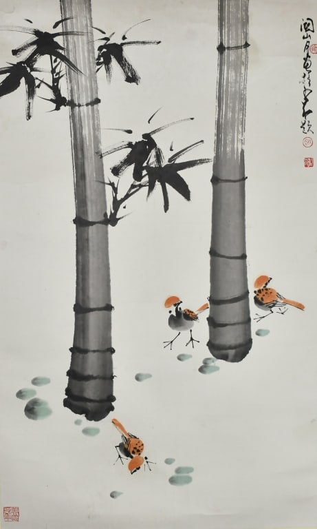 Guan ShanYue (1912-2000) Bamboo & Birds: Ink and color on paper, with Zhao ShaoAn's inscription and seal marks, depicted three birds playing around the bamboos. 50.7x83.6cm. Provenance: Former Collection of Wu YiSheng 