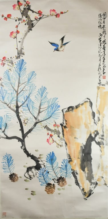 The Four Lingnan Masters Flowers & Bird Painting: Ink and color on paper, depicting plum blossoms and birds, with the artists' signatures (Zhao ShaoAng, Yang Shanshen, Guan ShanYue, Li XiongCai) and seal marks. 68.5x136.5cm Provenance: Former