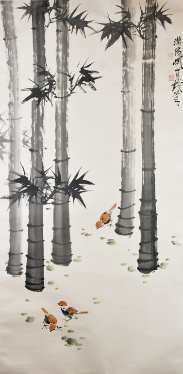 Guan ShanYue (1912-2000) Bamboo & Birds: Ink and color on paper, depicted three birds playing around bamboos, with artist's signature and seal marks. 68.6x136.8cm Provenance: Former Collection of Wu YiSheng 關山月 (1912-200