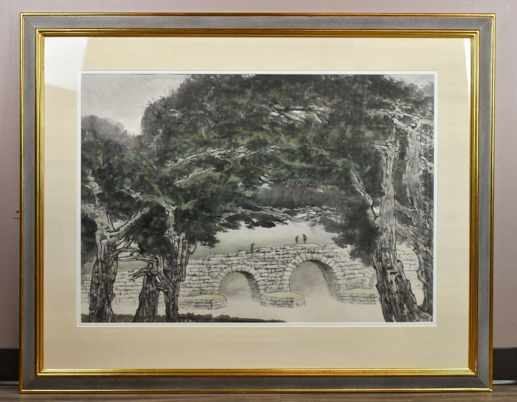He HuaiShuo (1941-) Landscape: Ink and color on paper, framed, depicted a trees and bridge landscape scene, with artist's signature and seal marks. painting:92.3x64cm, frame:125x100cm 何懷碩 (1941-) 風ਾ
