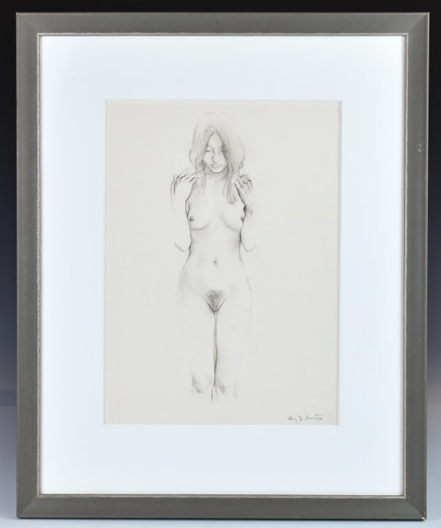 He DuoLing (1948-) Sketch w/certificate: Pencil sketch on paper, depicted a young lady standing scene, with artist's signature. Work: 25.5x35cm, frame: 44.5x55cm? Provenance: Former collection of a Canadian company executive in Beijing. Come
