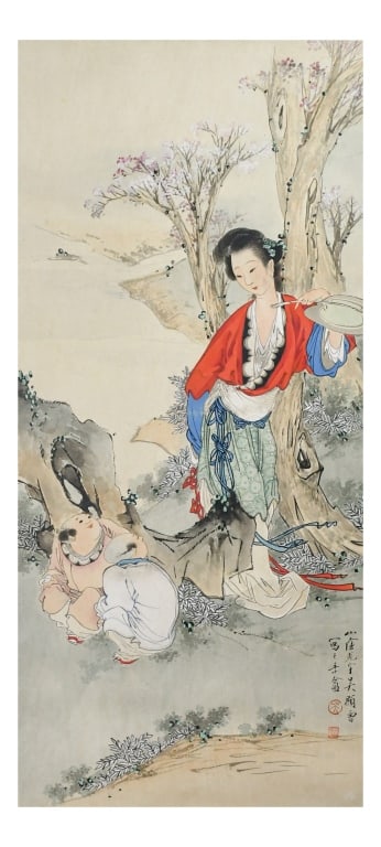Wu GuangYu (1908-1970) Figural Story: Ink and color on paper, hanging scroll, depicting a woman and two children in a landscape scene, with the artist's signature and seal marks. 30.6x66cm 吳光宇 (1908-1970) 人