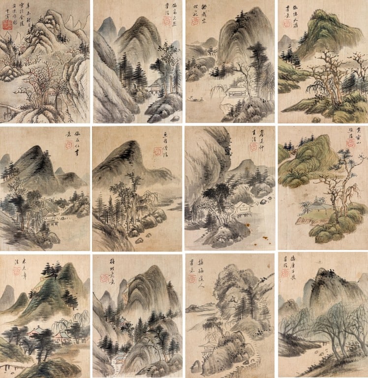 Dong QiChang (1555-1636) 12 Pages Album: A 12-page album, contains assorted paintings depicted various landscape scenes, ink and pale color on silk. 17.7x24.1cm Provenance: Formerly in the collection of Luo XiaoShan 董其昌(