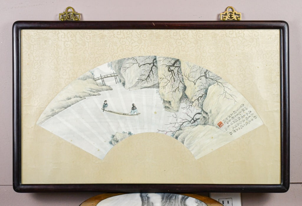 Jin Cheng (1878-1926) Landscape: Ink and colour on fan page, framed, depicting a view of the landscape with two figures boating, with the author's inscription, signature and seal marks. Frame: 66.5x41.4cm 金城 (1878-1926)