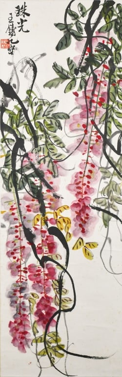 Wang ZhuJiu (1900-1966) Wisteria: Ink and color on paper, hanging scroll, depicted blooming wisteria clumps, with artist's signature and seal mark, 33.7x104cm 王鑄九(1900-1966) 紫藤花 水ࣝ