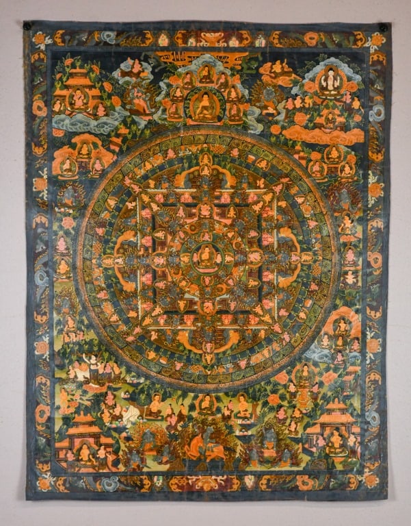 A Mandala Thangka 19thC: A mandala thangka of complex symmetrical design with multiple deities and ritual symbols. 55x73cm 19世紀 密宗壇城唐卡 Click here for natural