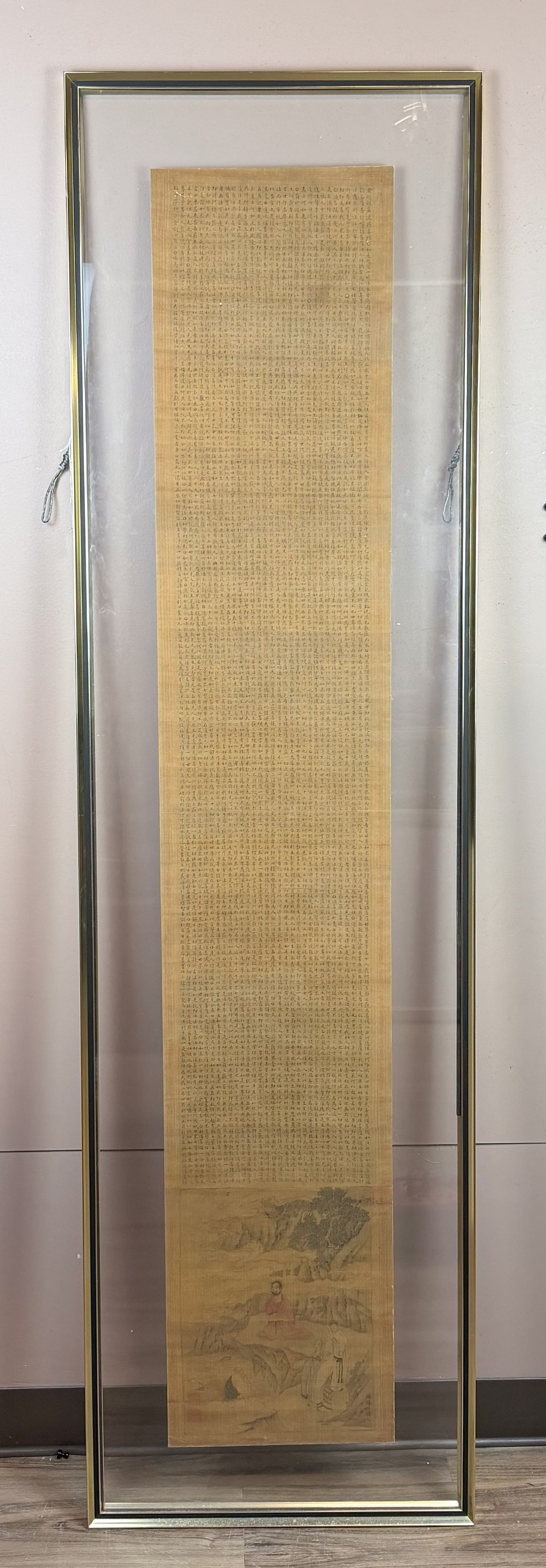 After Zhao Yong (1289-1369) Calligraphy & Painting: Ink and color on silk, framed, depicted a scene of a high-ranking monk seeking instruction from Buddha, all below a Diamond Sutra calligraphy. With artist's signature, and some seal marks. Frame: