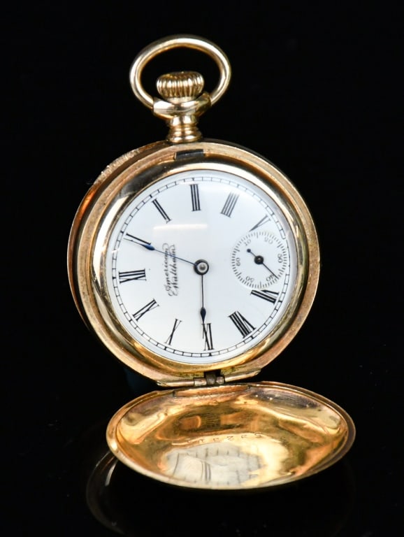 1872s 14K American Waltham Watch Co Pocket Watch: Serial NO. 592311, Model 1857, Signed W.W.Co., Circa 1872; Movement: Calibre 18s, gilt full-plate, 15 jewels adjusted movement, key-wound and key-set, adaptable configuration. Dial: White enamel, Roma
