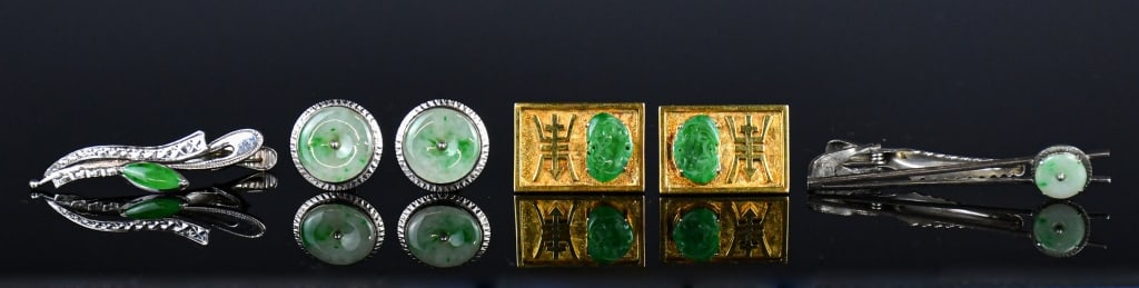 6PCs of Jadeite Inlaid Gold/ White Gold Men's Jewe: Comprising 2 pairs of cuff buttons, and 2 tie clips. All with jadeite inlaid. Part of them with marks. 各式K金/白金鑲翡翠男士飾物