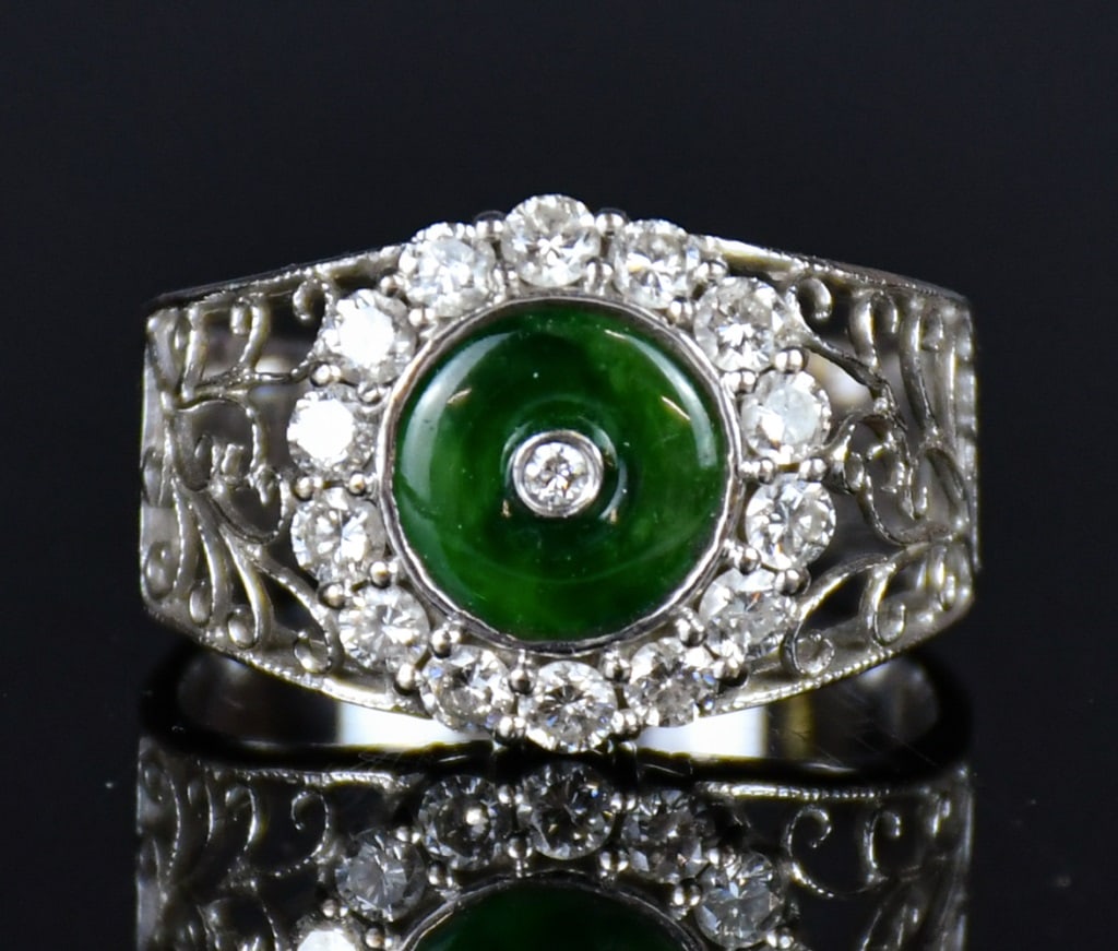 A 18K White Gold Jadeite & Diamond Ring (1 of 8)