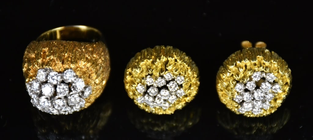 14K Yellow White Gold Diamond Ring & Earring Set: One stamped 14K yellow and white gold casted & hand assembled diamond ring (size: US 5.5-6) with a pair of 14K diamond earrings. The set together contain 50 round brilliant cut prong set natural