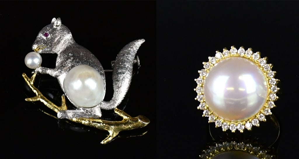 18K Gold Mabe Pearl Ring & 10K Gold Pearl Brooch: Comprising stamped 18K yellow gold casted mabe pearl and diamond ring contains 1 half round adhered mabe pearl, average gauging 16.20mm with 30 round brilliant cut prong set natural diamonds, size US 