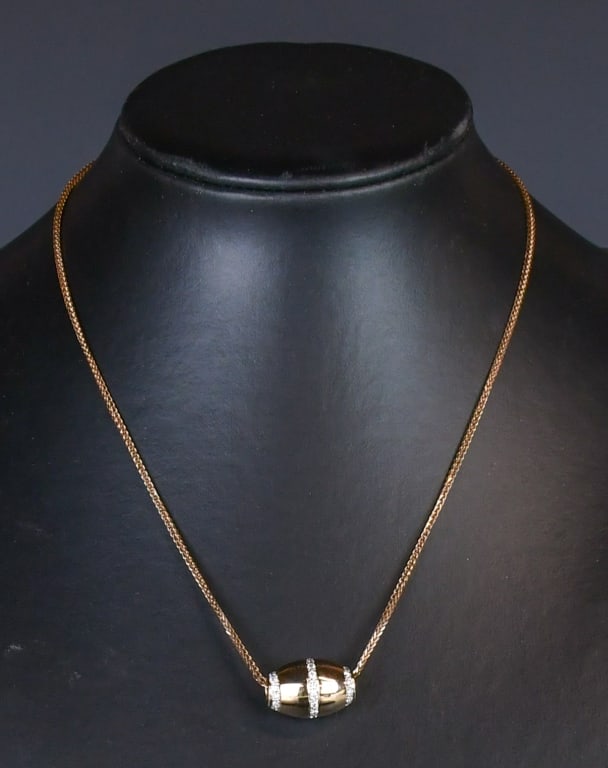 18K Rose Gold Neck Chain & Diamonds Pendant: One tested 18K rose gold machine made wheat link 18" long X 1.3mm wide neck chain with a tested 18K rose gold diamonds in barrel shaped pendant that contains 42 round brilliant cut bead set natural di