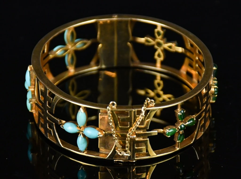 14K Gold Openwork Shou Pattern Gemstone Bangle - 2