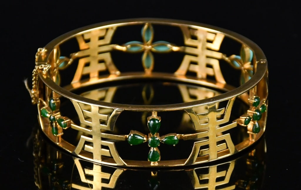 14K Gold Openwork Shou Pattern Gemstone Bangle - 3