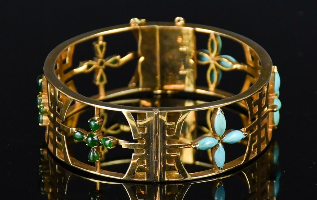 14K Gold Openwork Shou Pattern Gemstone Bangle - 4