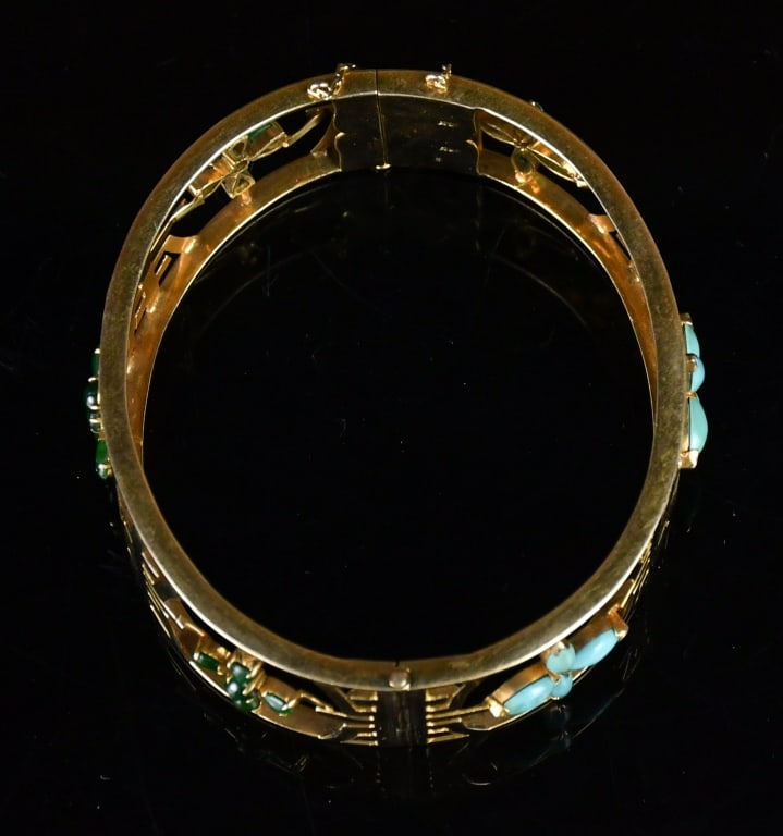 14K Gold Openwork Shou Pattern Gemstone Bangle - 5