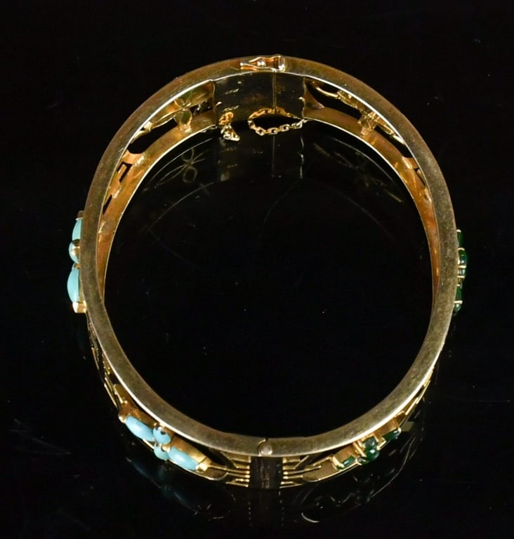 14K Gold Openwork Shou Pattern Gemstone Bangle - 6
