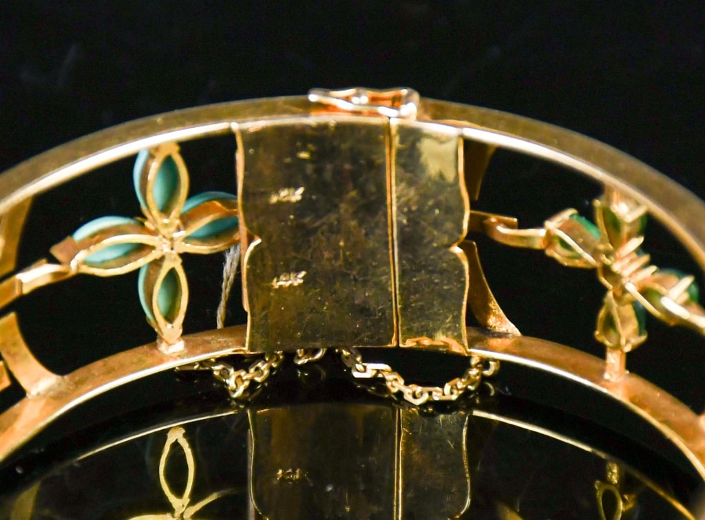 14K Gold Openwork Shou Pattern Gemstone Bangle - 9