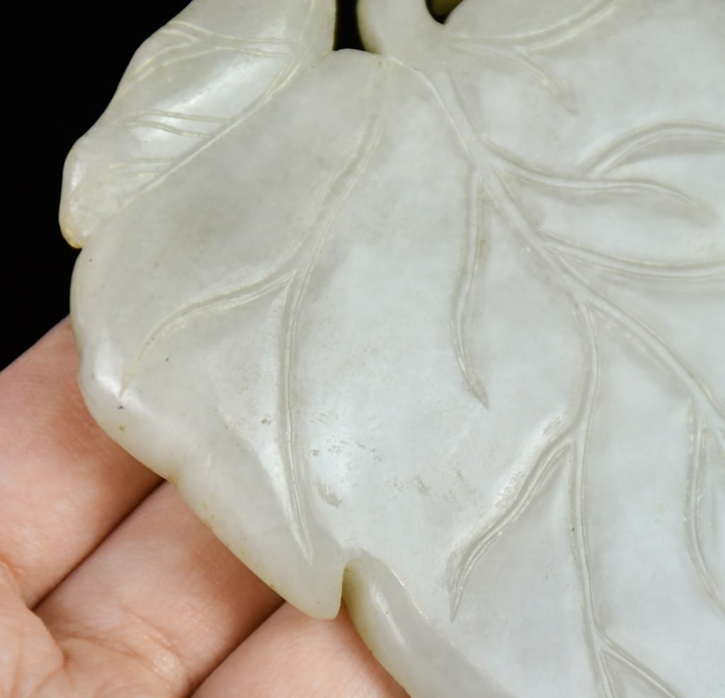 A Pale Celadon Jade Leaf Shape Dish w/Std Qing - 10