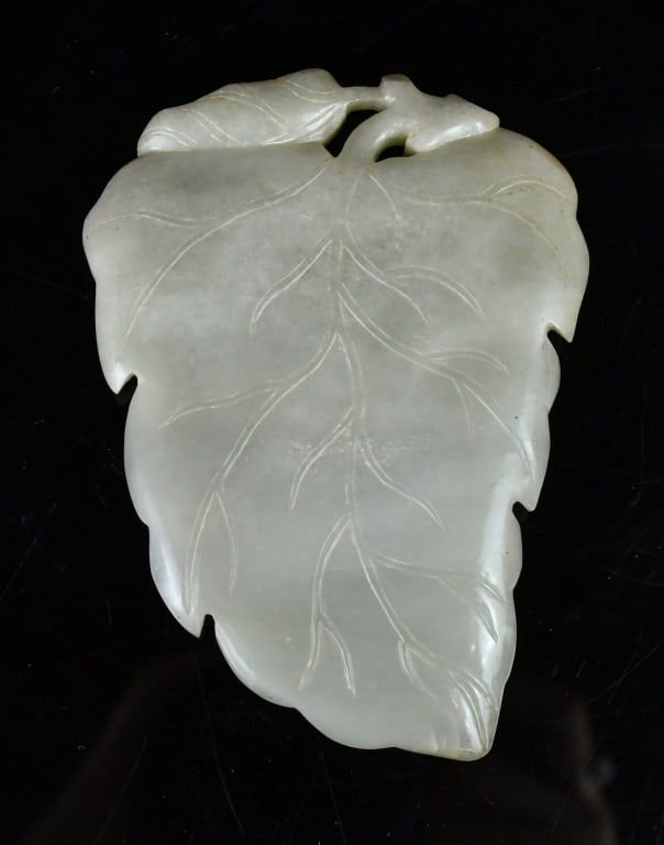 A Pale Celadon Jade Leaf Shape Dish w/Std Qing - 6