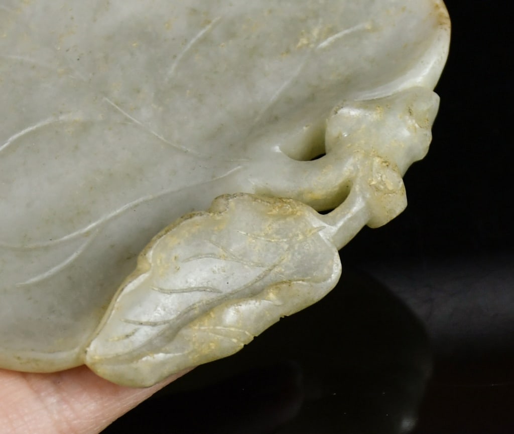A Pale Celadon Jade Leaf Shape Dish w/Std Qing - 8