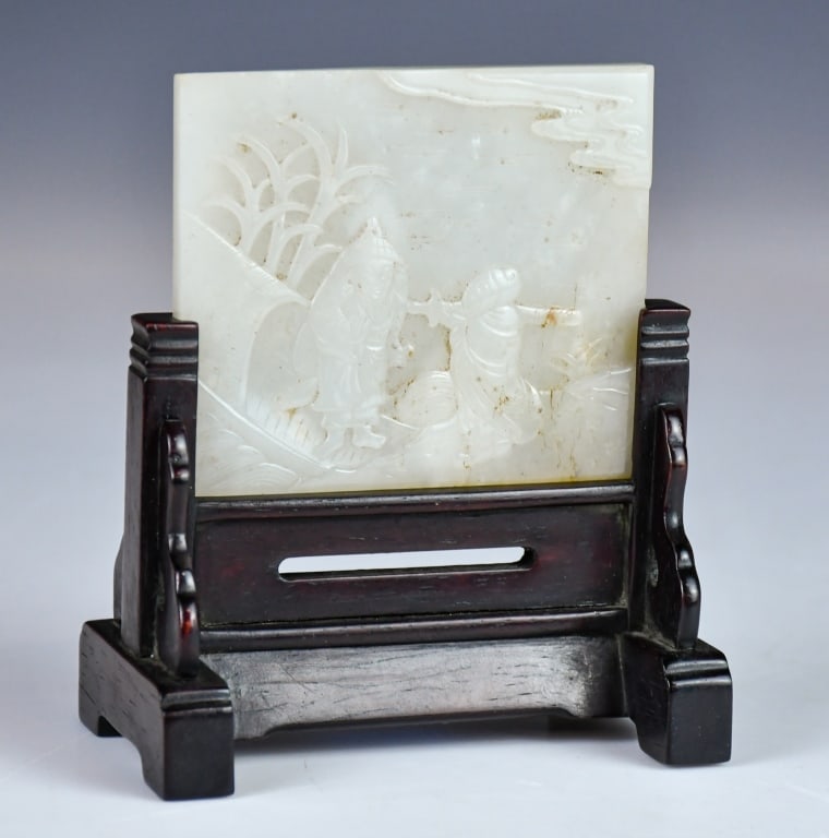 A Carved White Jade Plaque w/Std Qing (1 of 10)