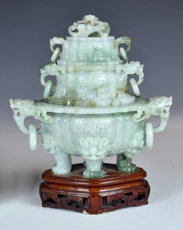 A Jadeite Carved Dragon Covered Censer w/Std 20thC (1 of 12)