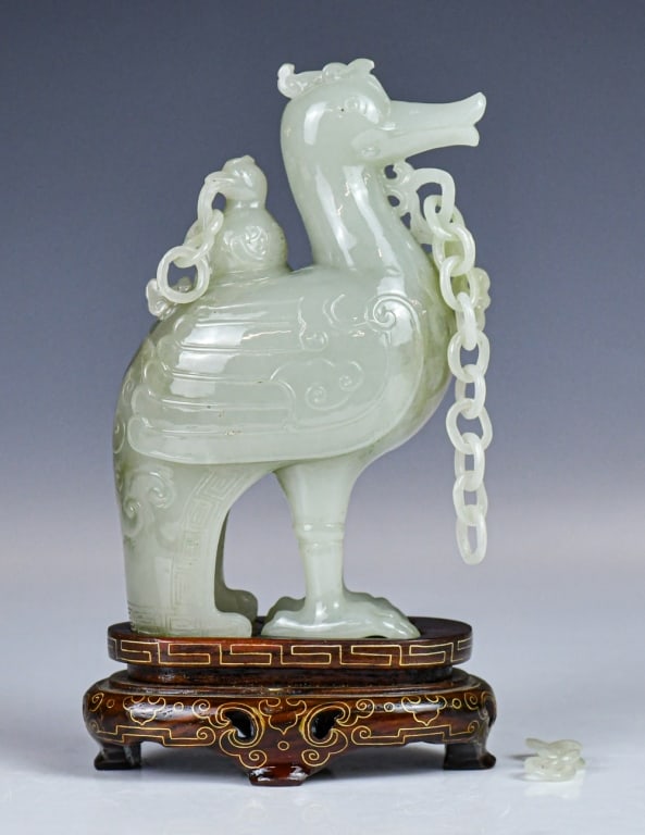 A Jade Carved Archaistic Goose Vessel w/Std 1960s (1 of 15)