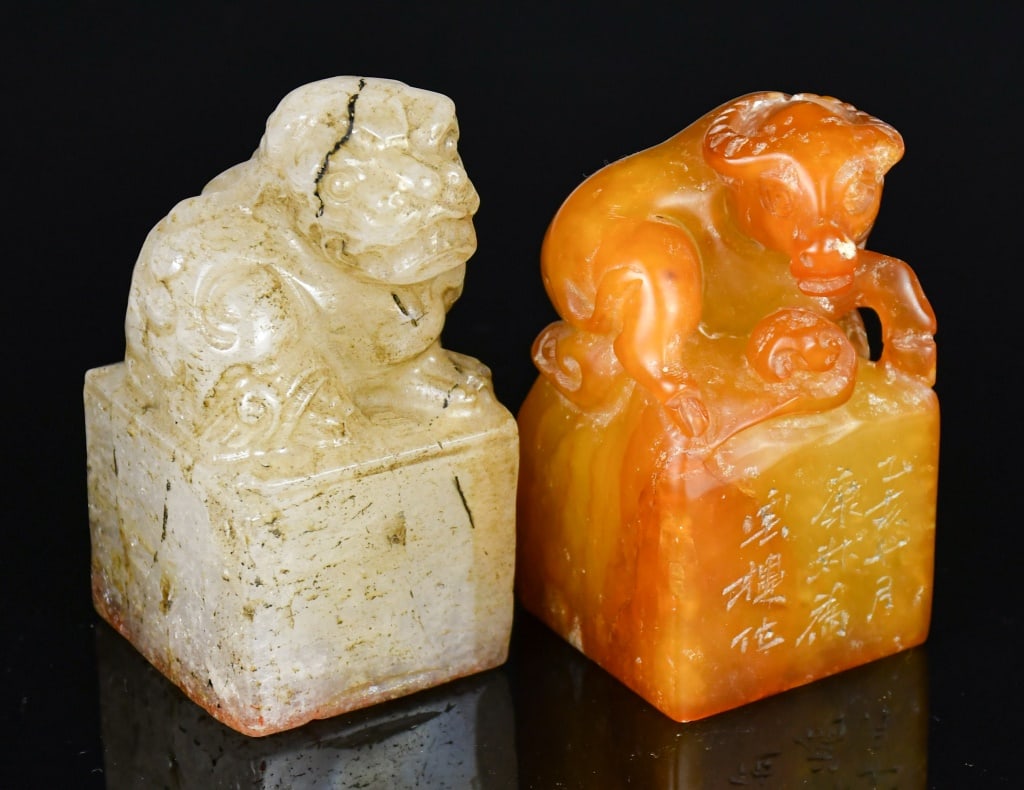 2 Carved Stone Mythical Animal Seals Qing (1 of 14)