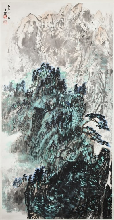 Sun KeGang (1923-2007) Landscape: Ink and color on paper, hanging scroll, depicted a landscape scene, with artist's signature and seal marks, 54x105cm 孫克綱 (1923-2007) 山水水墨設ഋ