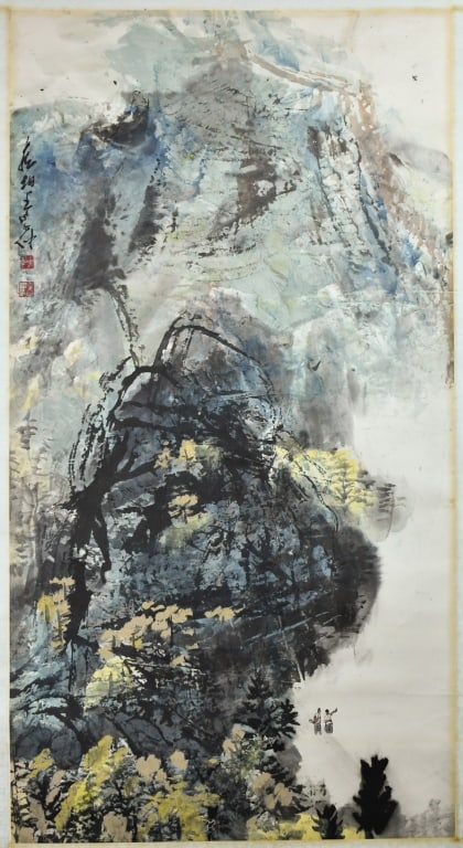 Wang XueZhong (1925-2013) Landscape: Ink and color on paper, hanging scroll, depicted a landscape scene, with artist's signature and seal marks, 53.6x100.2cm 王學仲 (1925-2013) 山水水墨設&#
