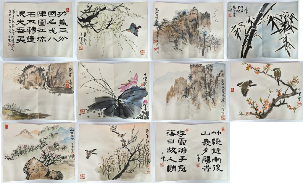Sun QiFeng (1920-2023) 11 Pages Album: A 11-page album, contains assorted paintings depicted various scenes and calligraphies, ink and color on paper, with artist's signatures and seal marks. 20x32cm 孫其峰 (1920-2023) &#