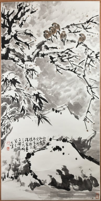 Sun QiFeng (1920-2023) Collaborative Work: Ink and color on paper, hanging scroll, depicting sparrows on branches, with inscription, artist's signature and seal marks, 67x134.7cm 孫其峰 (1920-2023) 合作 軸 &