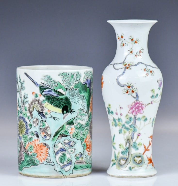 A Famille Rose Vase & A Wucai Brush Pot Qing: Comprising a famille rose vase of baluster form, exterior painted with flower branches, four-character Hongxian mark at the base H:22.3cm; then a Wucai brush pot painted with bird on rock with flowers