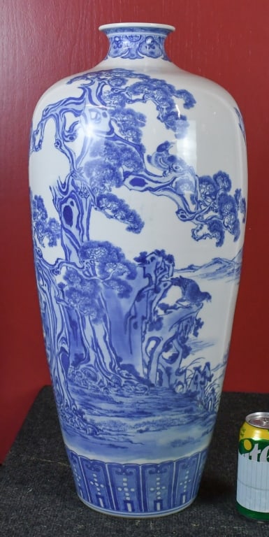 A Lrg Blue & White Landscape Mei Vase 1950-70s: Of elongated ovoid form, the robustly potted body tapers elegantly toward a slightly flared foot and ascends to high, rounded shoulders, a short neck, and a dished, everted rim. The exterior is finely