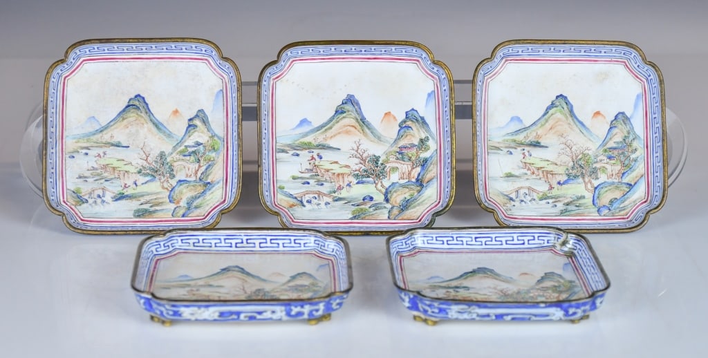 S/5 Enamel Landscape Lobed Square Dishes 19thC: Each well-cast with a shallow square body, rising from a flat base to flaring sides and an indented, lobed rim, all supported by a gilt-bronze chassis. The interior is covered with an opaque white ena