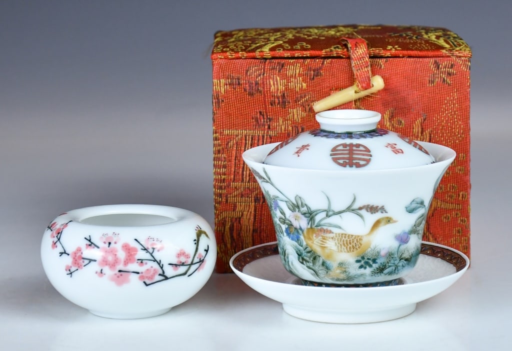 A Covered Cup & A Water Pot w/Maker's Mks 1960-70s: Comprising a delicate thin porcelain covered cup with saucer, decorated with flower and bird patterns, maker's mark at the base, set H:9cm, saucer D:7.5cm; then a porcelain small water pot with prunus