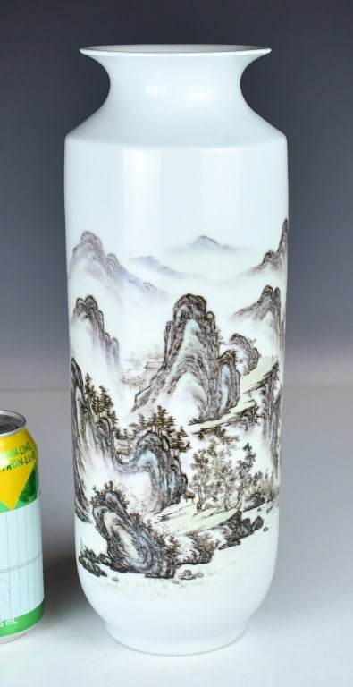 An Enameled Landscape Rouleau Vase 1950-70s: Potted with a tall, cylindrical body rising from a flat base to angular shoulder, below a waisted neck and a wide, flared trumpet mouth. The exterior body is finely painted in a delicate grisaille and