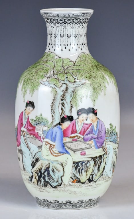 A Famille Rose Figural Vase Qianlong Mk Republican: In the Famille Rose palette, depicting elegantly dressed ladies in a garden setting surrounded by a traditional landscape. Decorated base and neck with lappets, stylized ruyi and flowers. Four-charact