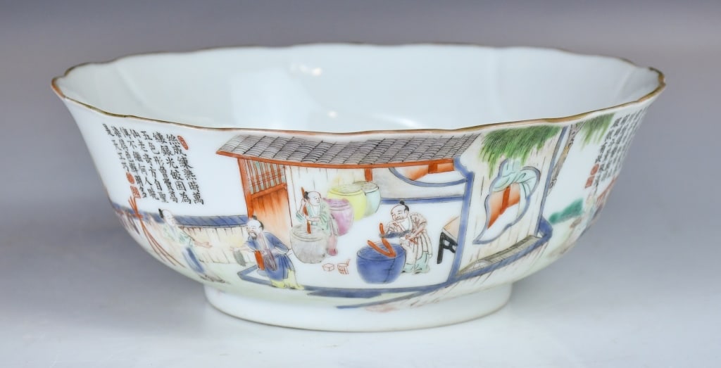 Famille Rose WuShuangPu Bowl Daoguang Mk & Period: Potted with deep, gently rounded sides terminating in a wide, subtly foliated rim. The exterior is finely enameled with a continuous narrative scene depicting WuShuangPu story scene. Along with a poet
