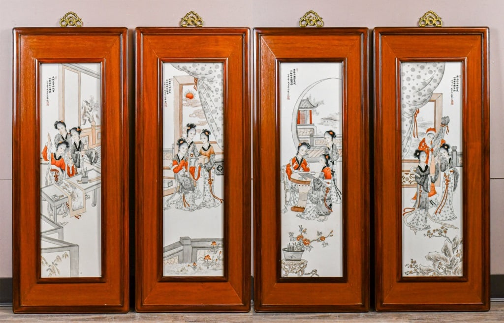 S/4 Iron-Red & Grisaille-Decorated Plaques 1950-70: A set of 4 pieces of porcelain plaques, each depicted ladies pactising one of the four main academic and artistic accomplishments required of a traditional Chinese literatus. Frame:40.5x100cm each, pl