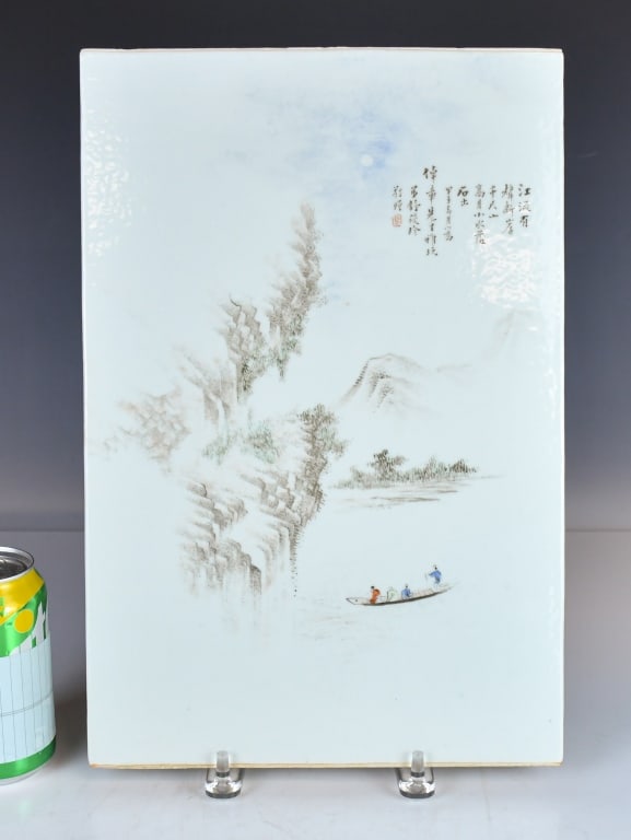 A Qianjiang Enameled Landscape Plaque 19thC: Of rectangular shape, painted with a mountain landscape that with boats and figure on the boat, 26.4x39.5cm 晚清 淺绛彩山水瓷板 來源: 