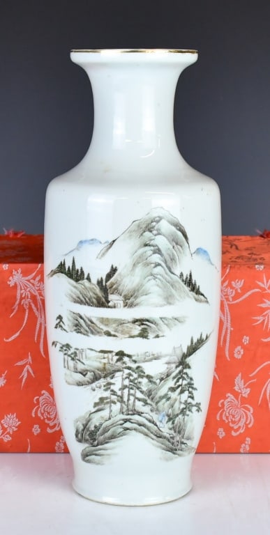 A Landscape Rouleau Vase w/Mk & Std Republican: With rounded shoulders and a tall, waisted neck flaring slightly at the gilded rim, the body is delicately painted in a soft, naturalistic palette of enamels with a continuous, panoramic landscape sce