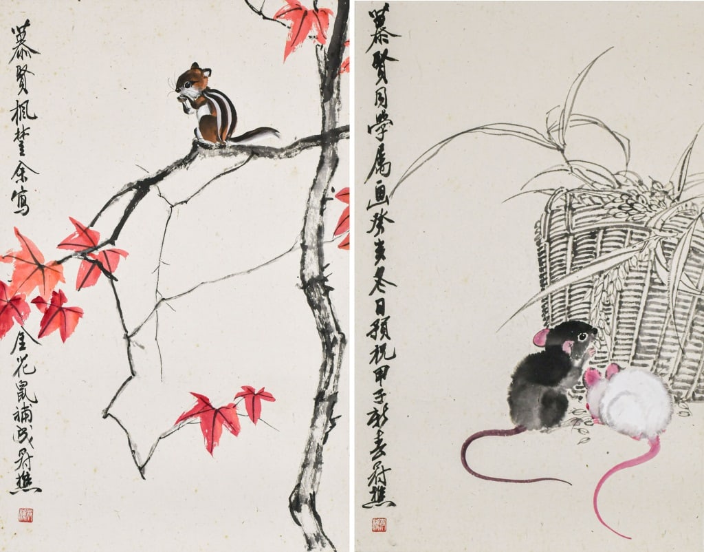 Luo GuanQiao (1918-2012) Squirrel, Mouse: Comprising two paintings, each ink and color on paper, one is squirrel with maple leaves: 38.7x60.3cm, the other one is mouse with wheat: 38.7x60cm. Each with artist's signature and seal mark. 羅