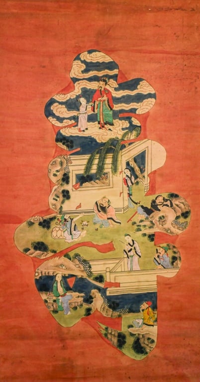Eight Immortals in Shou Character Qing: Color on paper, hanging scroll, depicted a large Shou character against red ground, within the character there are 8 immortals in garden scene, 65.5x123.6cm 清 八仙壽字&#